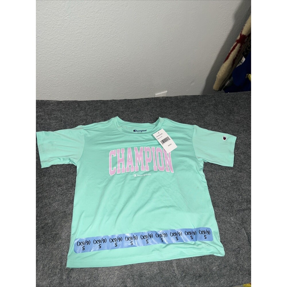 CHAMPION GIRL'S SCRIPT LOGO TEE SHIRT, TEAL , SZ 6X